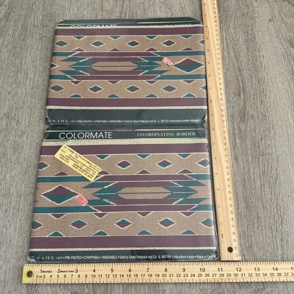 Vintage Colormate Southwestern Wallpaper Border 2 Rolls Teal Burgundy 30ft Total